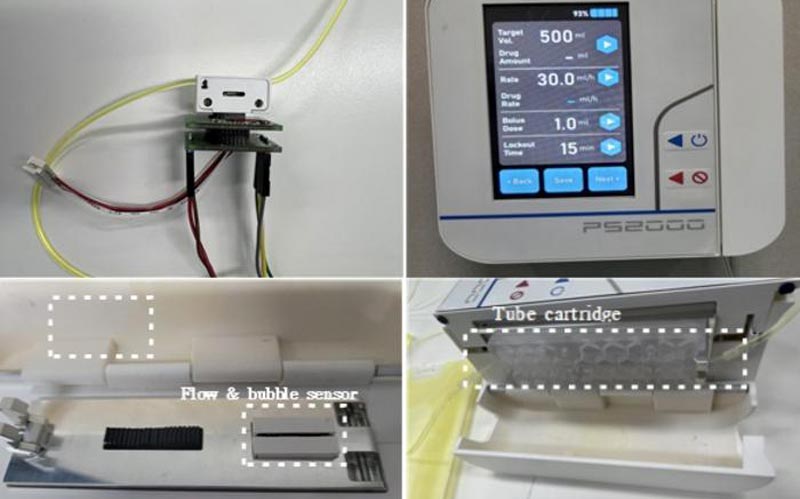 Integrated drug infusion pump with flow & bubble sensor modules ...